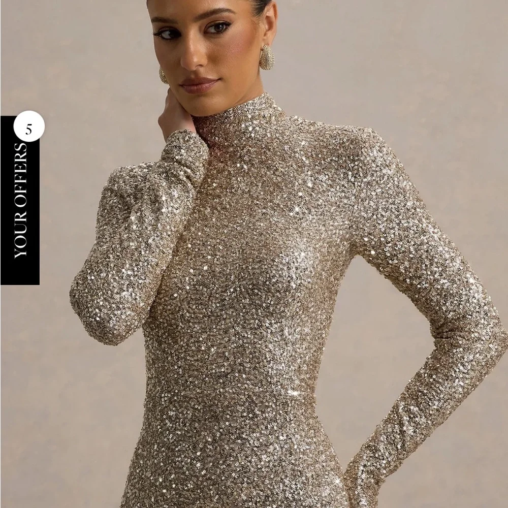 Club L London Galaxy Champagne Sequin Turtle Neck Gold Maxi Dress Size 10 NWT - Picture 3 of 8